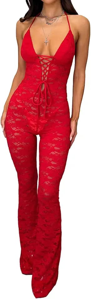Molilove Women's Lace Jumpsuits Stretch See Through V Neck Drawstring Backless Flare Pants Rompers Sexy One Piece Outfits