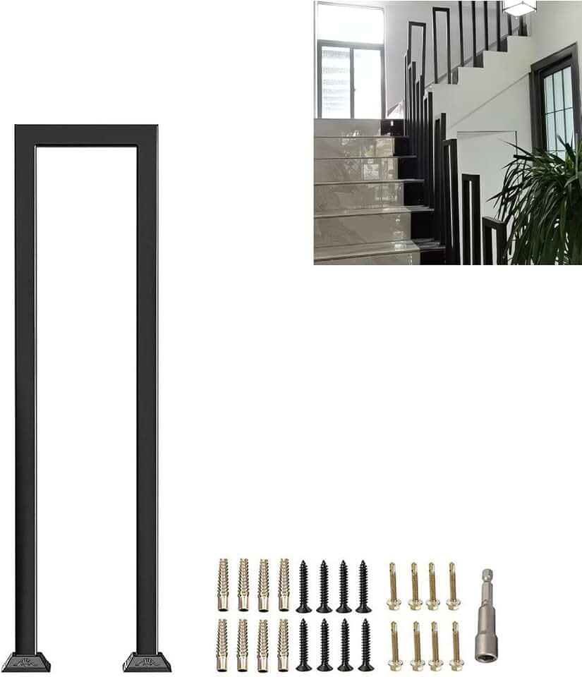 Stair Railing Lndoor, Hand Rails for Outdoor Steps, Matte Black Square Tube U Shaped Handrails with Cover, Industrial Wrought Iron Railing, for Stairs Loft Garden Porch, Height: 85CM 1Pcs (1, 33.45")