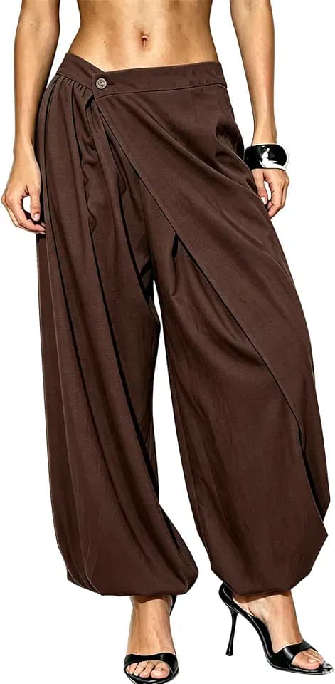 Famnbro Women Barrel Dress Pants Pleated Front Wrap Overlay Work Slack