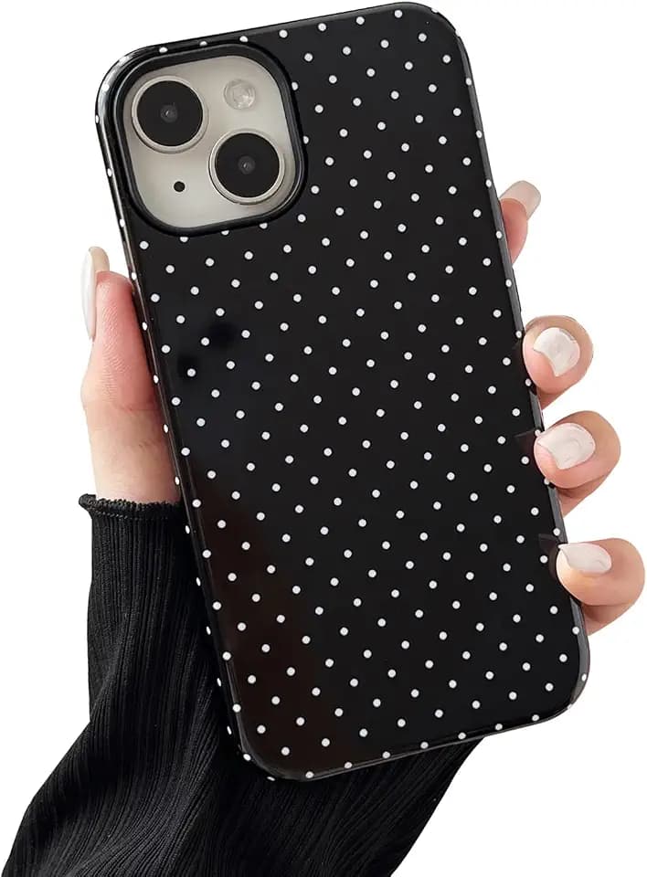 Compatible with iPhone 15 Case, Fashion Cute Polka Dot Pattern Aesthetic Design for Women, Soft TPU and Hard Back Shockproof Phone Case for iPhone 15 6.1 inch, Black