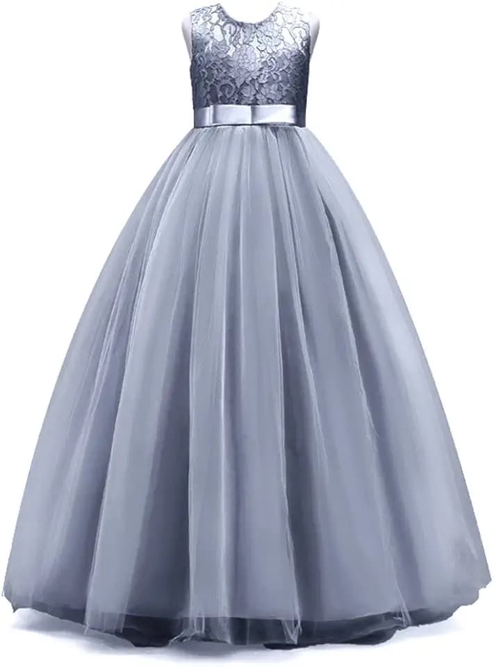 Kinder Mädchen Spitzenkleid Blumenkleid Abendkleid, Grau, Gr.134/140(Herstellgröße:140CM)