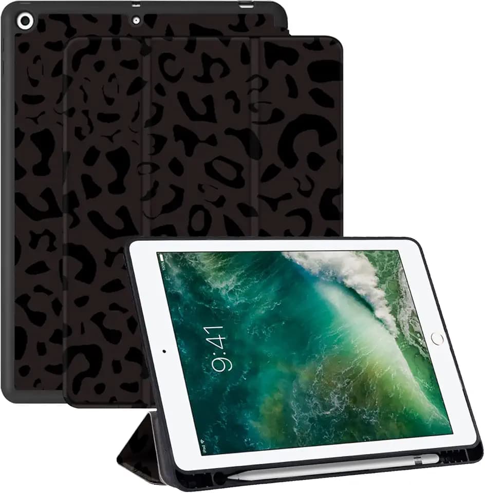 Compatible with iPad 10.2 inch Case,9th /8th /7th Generation Case(2021/2020/2019) with Pencil Holder and Soft TPU Back,Auto Sleep/Wake Cover-Black Purple Leopard Cheetah Print