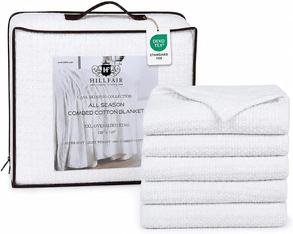 HILLFAIR 100% Cotton Blanket- 120" x 120" XXL Oversized King Bed Blankets - Family Size 10 ft x 10 ft Big - All Season Soft Cozy Breathable Blankets for Bed - Extra Large King Cotton Blanket- White