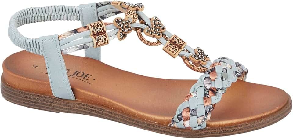 Jo & Joe Geflochtene Damen-Sandalen mit T-Riemen, verzierter Rand, elastischer Riemen hinten, flache Sandalen