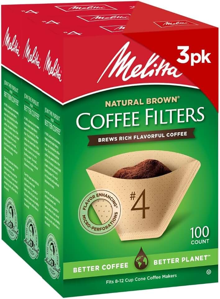 Melitta #4 Unbleached Coffee Filters, Natural Brown Cone Filters, 3-Pack