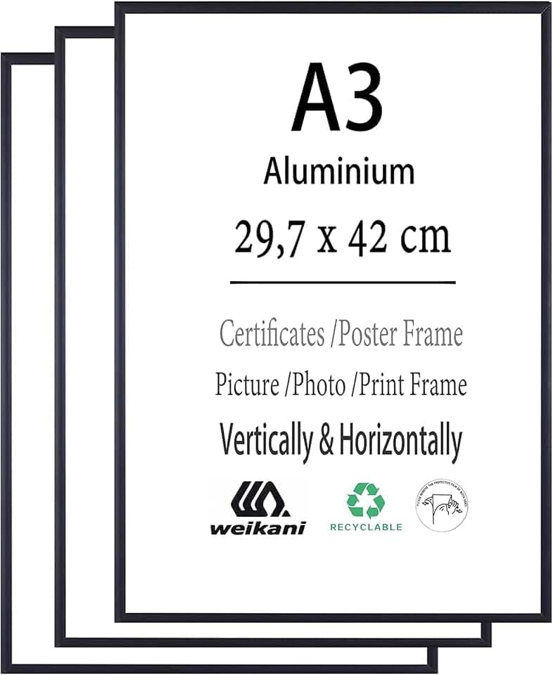 Weikani A3 schwarz Aluminium Fotorahmen, 3 Pack-29.7x42cm Bilderrahmen Plexi-Glas, Zertifikatsrahmen für Wandmontage oder Tischplatte Display, Satz von 3