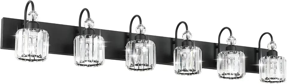 Ralbay Modern 6-Light Black Crystal Vanity Lights for Bathroom - Matte Black Crystal Wall Light Fixtures