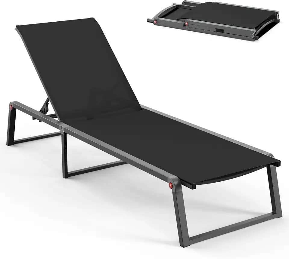 Aluminum Chaise Lounge Chair Outdoor, Foldable& No Assembly Patio Pool Lounge Chairs 5-Position Recliner for Outside, Fully Grounded Legs Sun Lounger for Poolside, Black