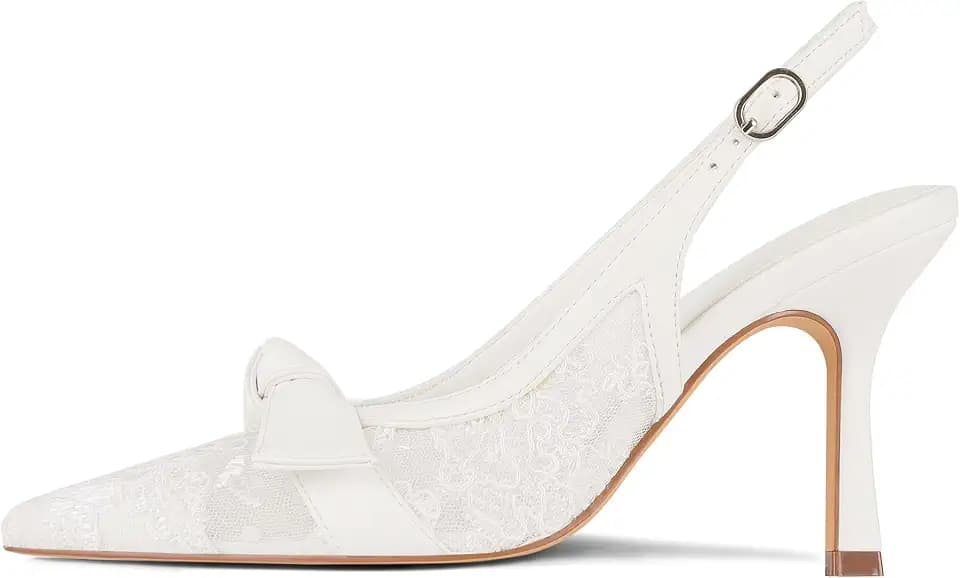 Womens Slingback Wedding Heels Lace Bow Closed Pointed Toe Pumps