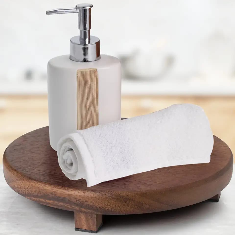 Walnut Wood Pedestal Stand, 9.06" Round Wood Riser for Kitchen Counter, Farmhouse Soap Tray Wooden Display Riser for Decor, Plant, Bottle, Cake Stand