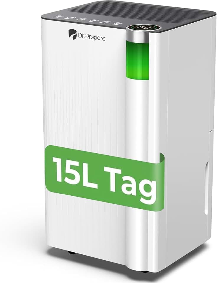 DR.PREPARE Luftentfeuchter Elektrisch 15L, Entfeuchter für Keller Wäschetrocknung, 3 Modi, Schlafmodus, 35dB, 24H Timer, Raumentfeuchter Elektrisch für 20-30m², Luftentfeuchter mit Ablaufschlauch