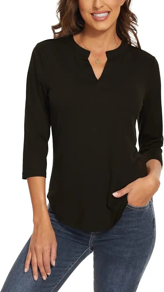 Women's 3/4 Sleeve Tunic Tops Casual Notch V Neck T-Shirts Dressy Work Tops Blouse