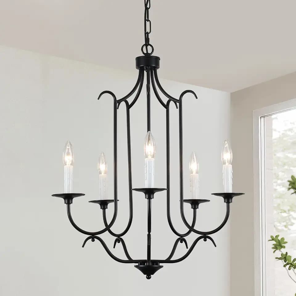 5-Light Black Farmhouse Chandelier, Adjustable Height Industrial Candle Pendant Light Fixture, Vintage Ceiling Lamp for Dining Room, Living Room, Bedroom, Foyer, Kitchen Island
