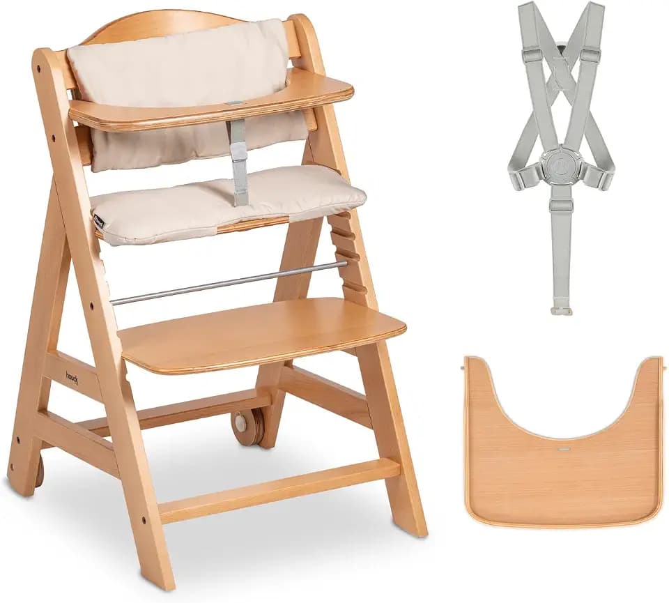 hauck Beta+ Holzhochstuhl Set mit Rädern 6 Monate bis 90 kg, Natural