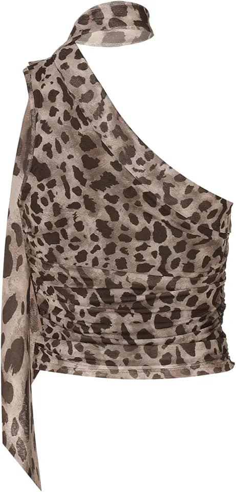 RoseSeek Women's Y2K Leopard Polka Dots Halter Asymmetrical Neck Crop Tops