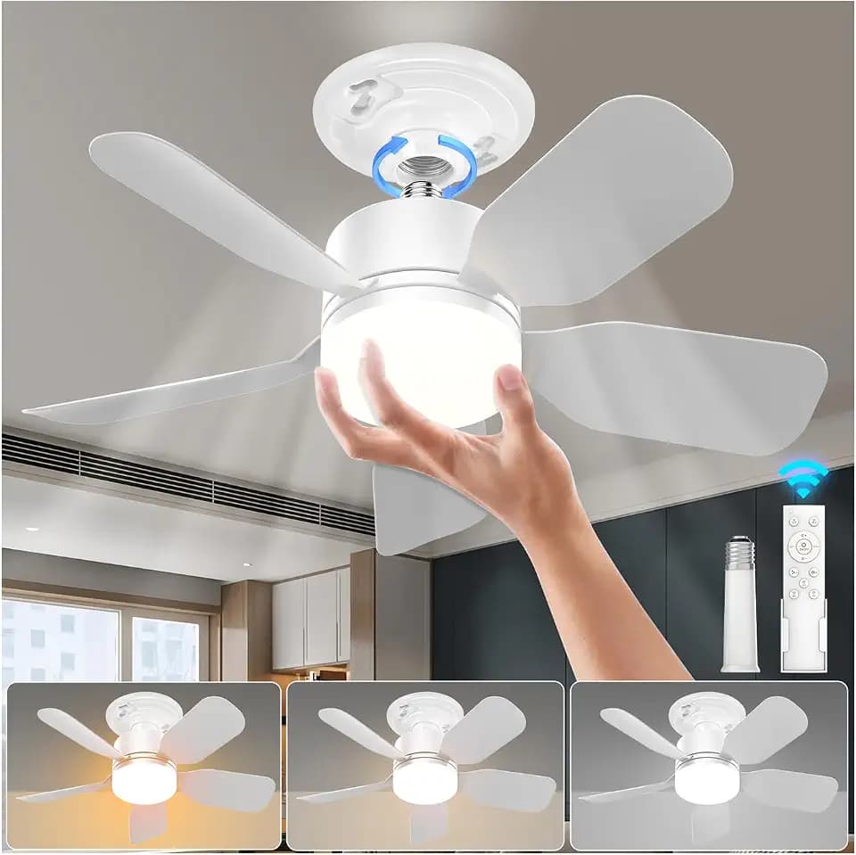 20" Socket Fan Light with Remote, 30W 2000 Lumens, 3 Colors 3000-6000K Small Ceiling Fans with Lights and Remote 6 Speed Wind Light Bulb Fan for Bedroom, Kitchen, Laundry Room, Garage