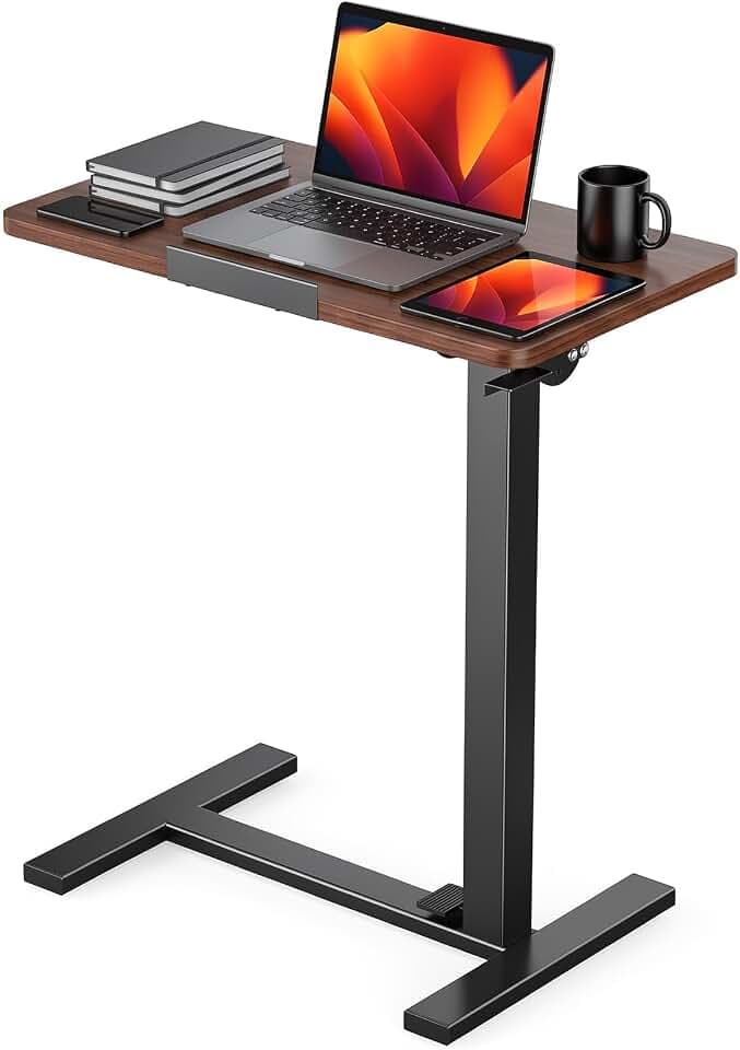 DUMOS Overbed Table with Wheels, Height-Adjustable Bedside Table, Brown