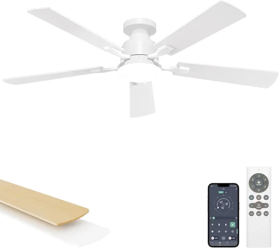 VOLISUN 52 Inch Ceiling Fan with Lights Flush Mount, Low Profile Ceiling Fans with Lights, Remote&APP Control,Dimmable 22W LED Light,Queit&Reversible Fan, White Ceilings Fans for Bedroom, Living Room