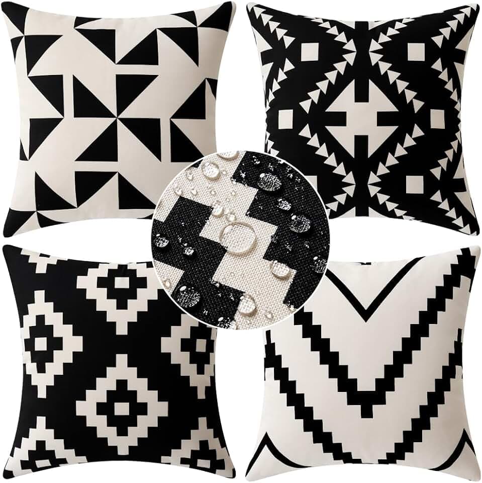 MIULEE Pack of 4er Kissenbezüge Outdoor wasserdichte Leinen Kissen wasserdichte Kissenbezug Gedruckte kissenhülle Für Zelt Park Bett Sofa Stuhl Schlafzimmer Dekorativ Balkon 50x50cm Schwarz Geometrie