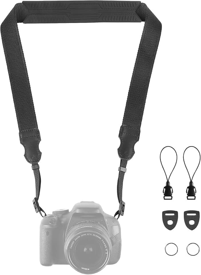 FIEIL Neck Strap Silicone Camera Straps - Padded Camera Strap, 1.5" Wide Adjustable Nylon Shoulder Strap - Compatible with Canon, Nikon, Sony, and More DSLR and Mirrorless Cameras (Black)