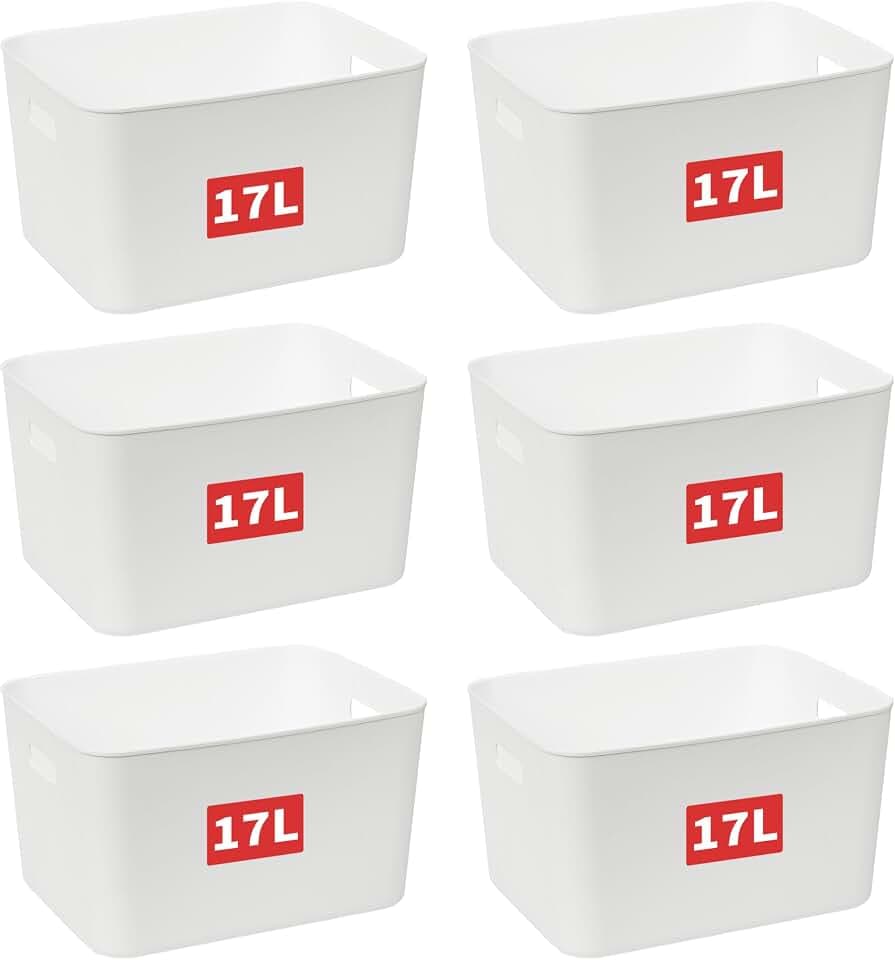 Cetomo 17Lx6 Aufbewahrungskorb, Kunststoff Aufbewahrungskörbe mit Griffen, Stapelbare Organizer Box für Regal, Küchenschrank, Badezimmer, Aufbewahrungsbox ohne Deckel, Weiß, 17L-6er Set (35*27*20cm)