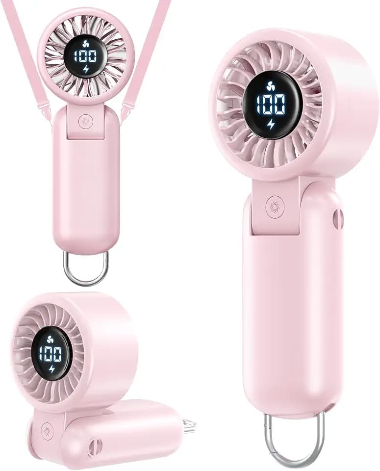 Handventilator mit LED-Anzeige, Mini Ventilator Tragbar Akku Wiederaufladbar, Faltbar USB Tischventilator, Taschenventilator Leise 5 Stufen, Kleiner Nackenventilator für Outdoor, Reisen - Rosa F2605