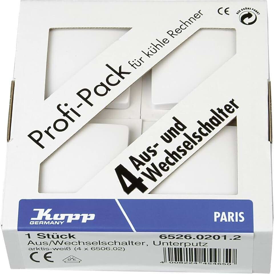 Kopp PARIS Universalschalter in Arktis-Weiß - 4 Stück - Lichtschalter-Unterputz mit 10AX Schaltvermögen - Hochwertiger IP20 Schalter mit Steckklemmen - Stilvoller Wechselschalter-Unterputz 250V~