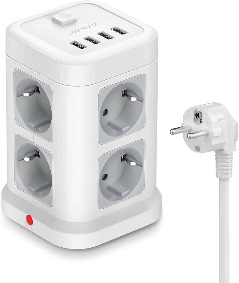 Steckdosenleiste USB 3680W 16A,JSVER 8 Fach Steckdosenleiste mit 4 USB Mehrfachsteckdose USB (5 V/3,4 A,17W) Steckdosenturm mit Schalter Steckerleiste mit 2m Kabel-Weiß