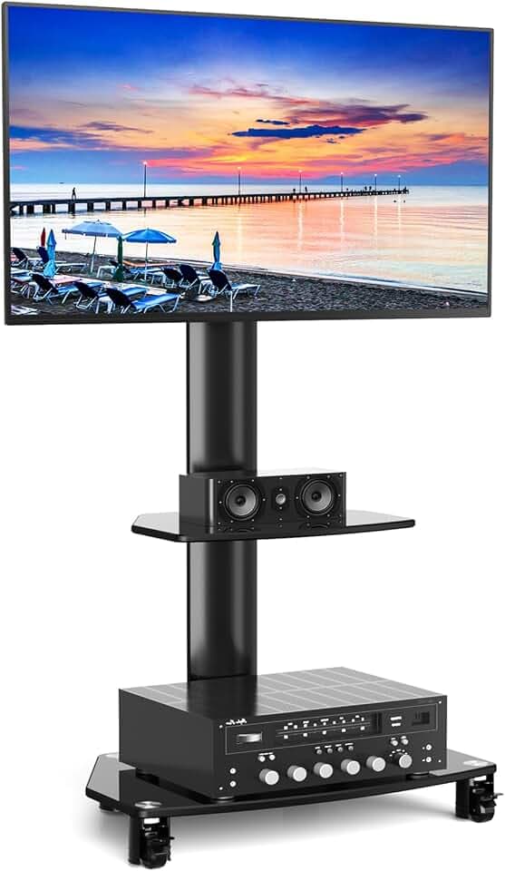 RFIVER TV Ständer Rollbar TV Rollwagen Fernsehständer mit Rollen für 27-70 Zoll Flach & Curved Fernseher Schwenkbar Höhenverstellbar mit 2 Platten bis zu 50kg max VESA 400x400mm