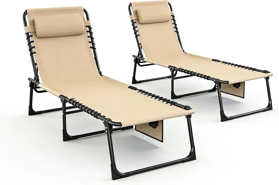 2 Pack Folding Chaise Lounge Chair 5-Position Adjustable Outdoor Recliner 400LB Capacity Portable Patio Camping Beach Pool Sunbathing Lounger with Pillow, Light Beige