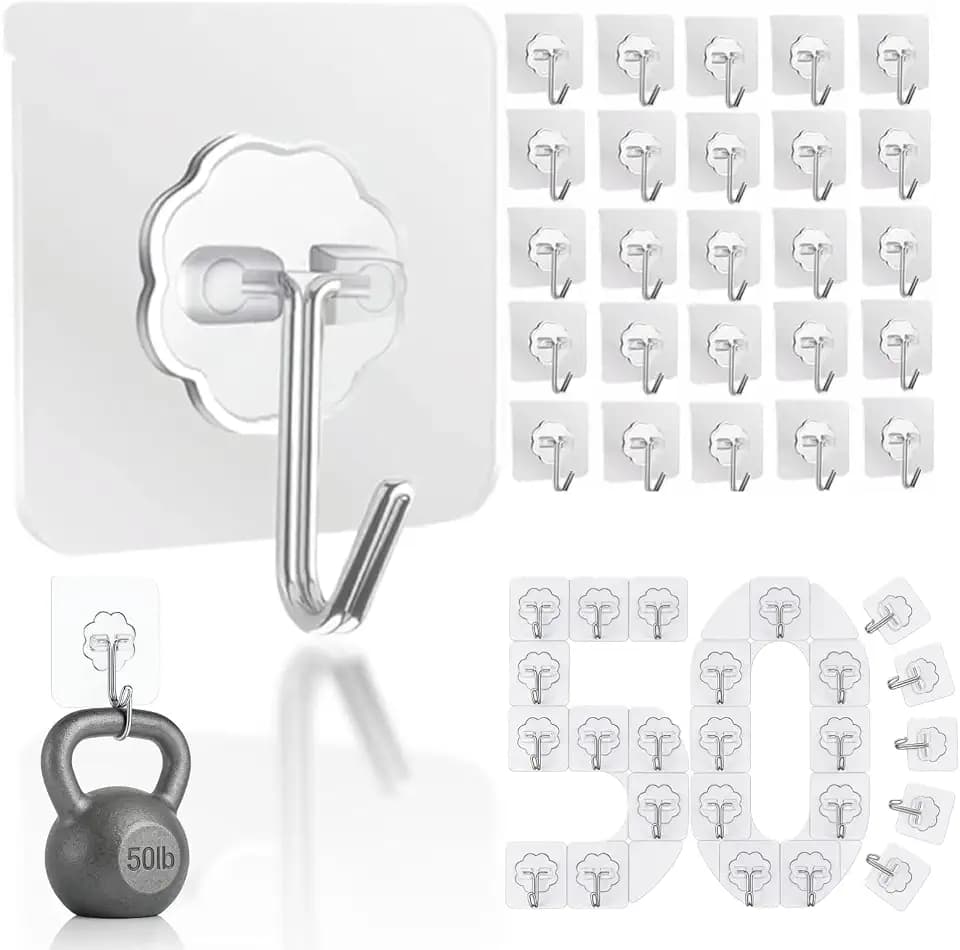 DDMY Hooks for Hanging, 50 Pack Wall Hooks 50lb(Max) Transparent Reusable Waterproof Adhesive Hook for Kitchen Curtain, Towel Hook for Bathrooms, Heavy Duty Self Coat Hook for Walls No Damage