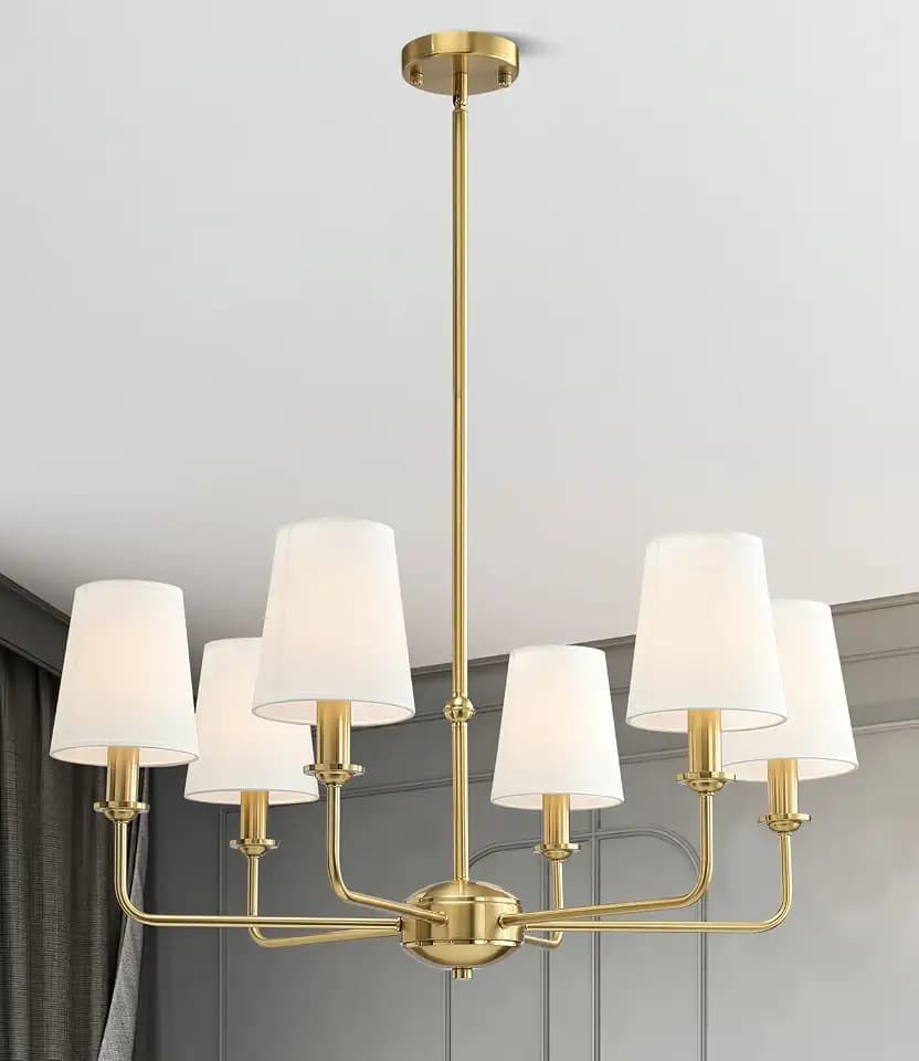 6-Light Brushed Gold Pendant Chandelier with Fabric Shades, E12 Base - Farmhouse & Industrial Style for Kitchen, Living Room, Dining Room, or Bedroom Lighting