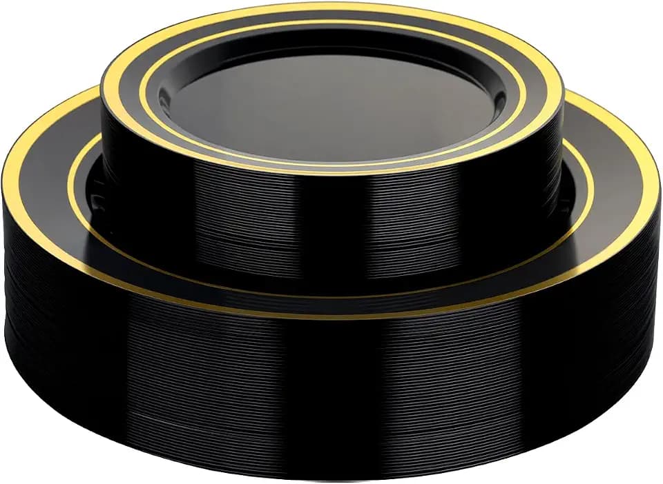 Goodluck 120PCS Black Plastic Plates with Gold Rim