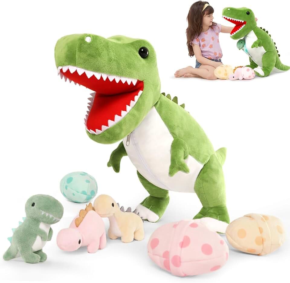 MorisMos Dinosaur Stuffed Animal Mommy with Babies Eggs, 23.6'' Green T-rex
