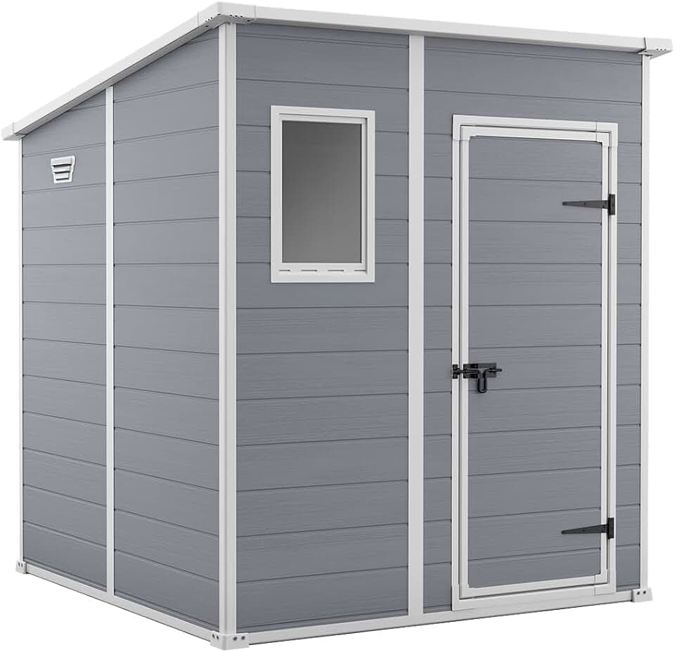 Keter Manor Pent 6x6 Gartenhaus, Außenmaße: 183cm x 185cm x 200cm, Innenmaße: 168cm x 168cm x 194cm, wetterfest, grau, Gerätehaus aus Kunststoff