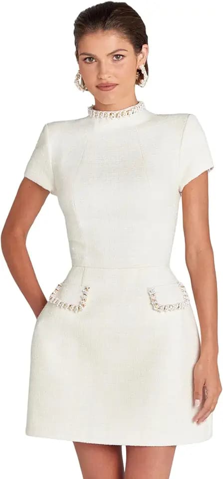 ANKOMINA Women's Beaded Tweed A-Line Mini Dress Sparkly Short Sleeve Pearl Mock Neck Dress with Pockets for Party Evening