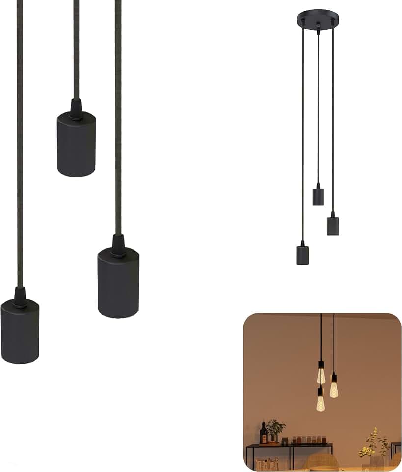 SSC-LUXon PARU Hängeleuchte 3-flammig Retro schwarz - Industrial Style Pendellampe mit Textilkabel höhenverstellbar für E27 Lampen