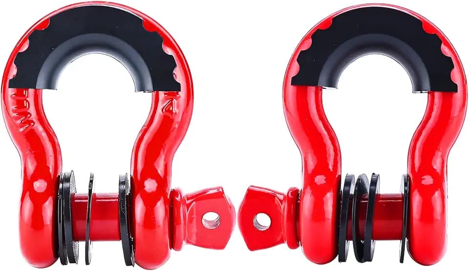 FreeTec 4,75t Schäkel Groß, 3/4 zoll Robuster Abschleppschäkel aus Verzinktem Stahl, 2 Stück D Ring Schäkel Kratzsicher Schaekel mit Gummi Schutzset Gewindestift für PKW 4x4 Offroad (Rot)