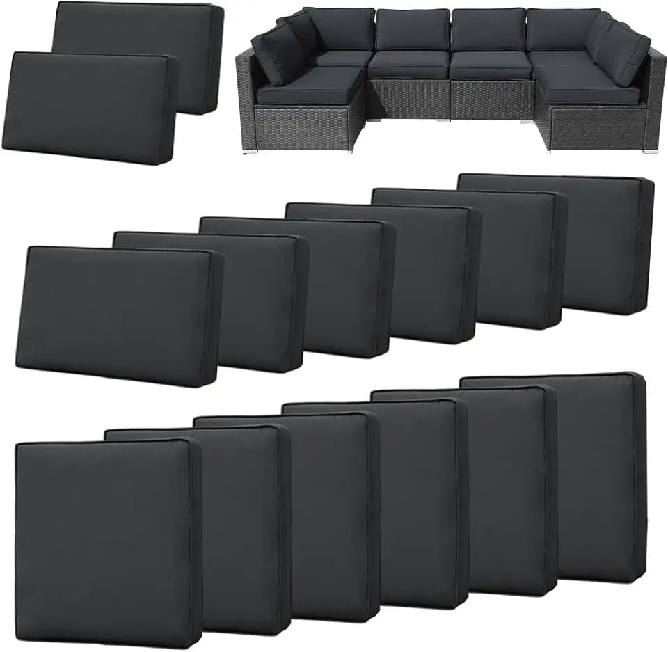 14Pieces Patio Cushion Covers Replacement Outdoor Couch Cushions Covers Splashproof Sofa Slipcovers Set with Zippers,Patio Furniture Protector Cover Only(Black Gray, 25.6×25.6×3.94inches)