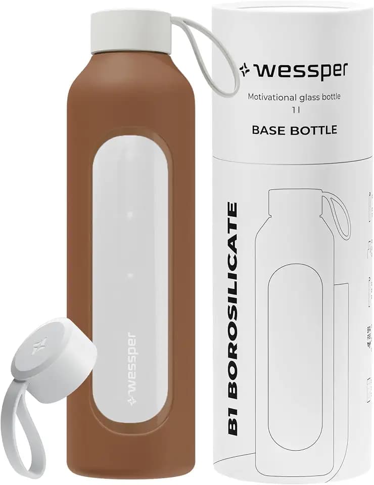 Wessper Trinkflasche Glas 1 liter, Flasche mit Hydrationsskala - Braun