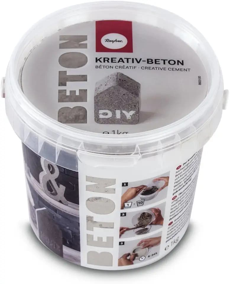 Rayher 34152000 Kreativ-Beton, Eimer 1 kg, silber, Bastelbeton zum Basteln, Betonpulver zum Gießen, staubarm, gebrauchsfertig, mit Wasser anrühren