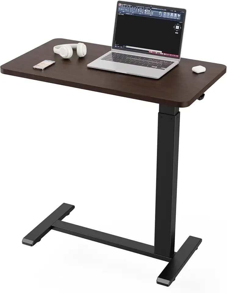 Ywin Hospital Bedside Table with Wheels, Pneumatic Lift, Black Walnut