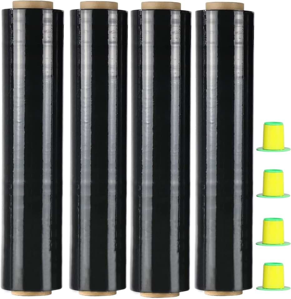 CHUANGSEED Stretchfolie Packfolie Schwarz 4 Rollen Strechfolienrolle Palettenfolie mit Drehbarer Hülse,400mm x 250m Handfolie Wickelfolie
