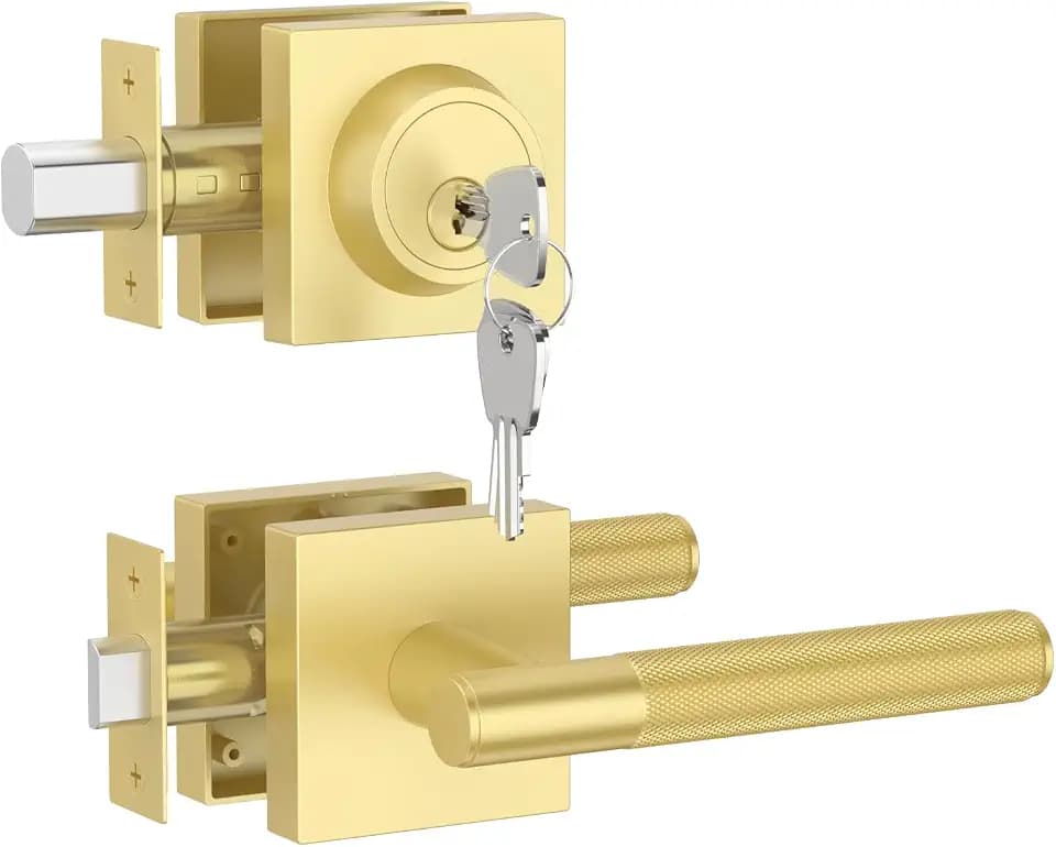 Asidrama Premium Gold Zinc-Alloy Front Door Lock Set: Double Cylinder Deadbolt, Heavy Duty Security Handleset for Left/Right Exterior Doors, Universal Entry Locks (2 Pack) Z003-124