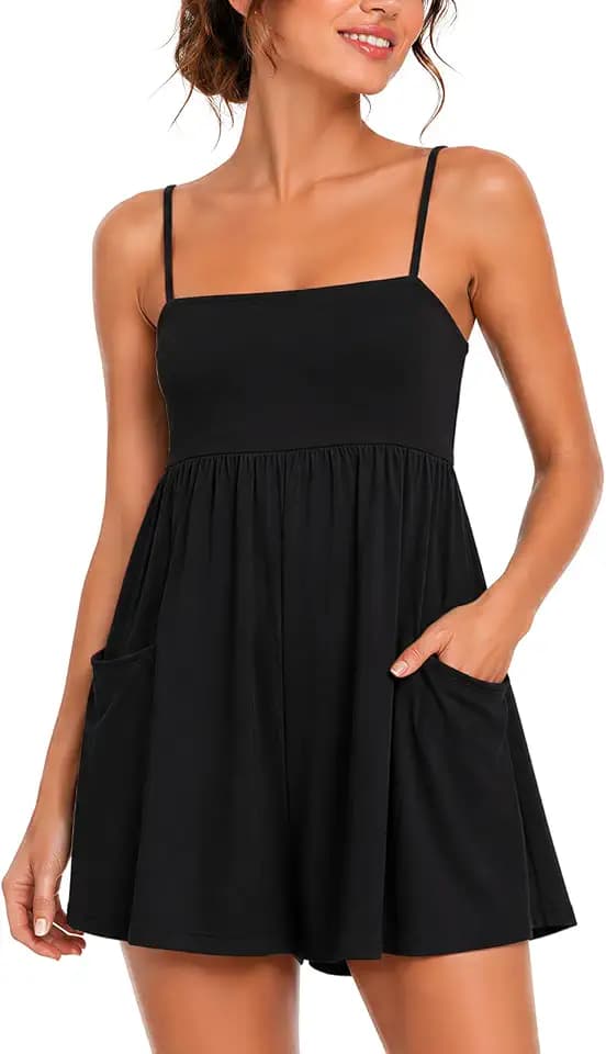 Sommer-Jumpsuit für Damen, Spaghettiträger, quadratischer Ausschnitt, kurzer Overall mit Taschen, Strandurlaubskleidung