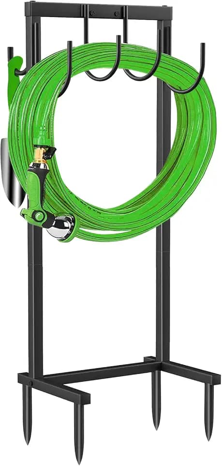 TomCare Garden Hose Holder Water Hose Holder with 4 Spikes Freestanding Garden Hose Storage Stand Sturdy Hose Hanger Heavy Duty 6 Hooks Hose Organizer for Outside, Black