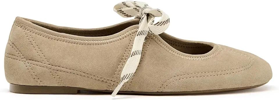 DOEYG Suede Ballet Flats Shoes for Women Lace up Ballerinas Round Toe Mary Jane Flats Dressy Casual Comfortable Cute Shoes