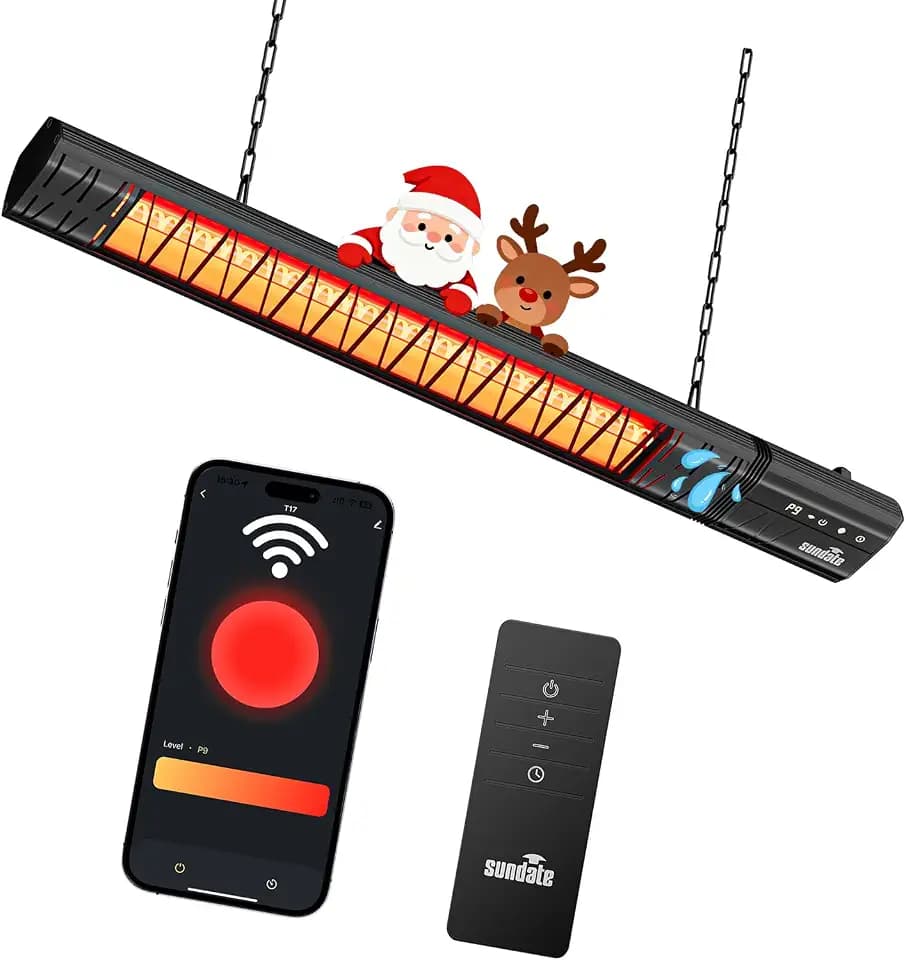 Sundate Ceiling Electric Outdoor Heater Wifi Control Wall-Mounted Hanging Patio 1500W Infrared 9 Heat Levels, 24H Timers, Carbon Fiber Tube Heating Wall Heater for Gazebo, Balcony