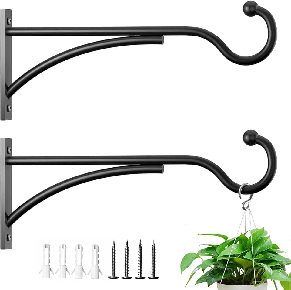 11 Inch 2 Pack Heavy-Duty Metal Plant Hanger Hooks, outdoor, Matte black