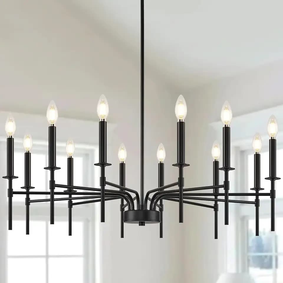 Pevfah Modern Farmhouse Black Chandeliers for Dining Room Light Fixture, 12-Light Metal Candle Chandelier Lighting for Living Room Foyer Entryway Staircase Bedroom